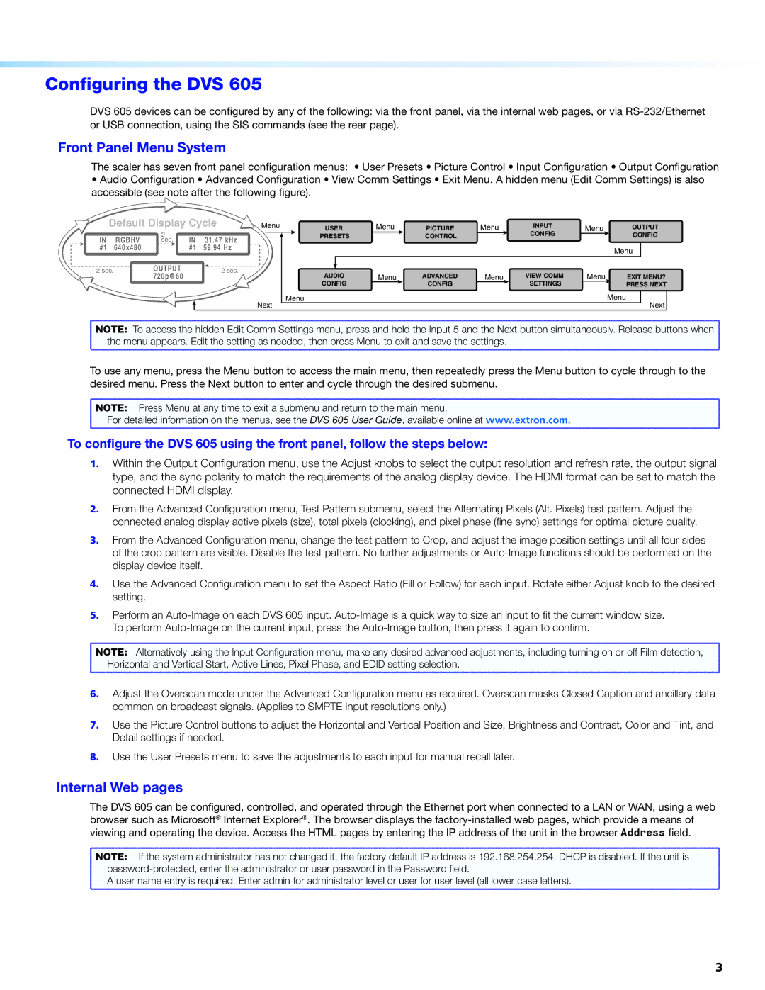 Extron electronic DVS 605 Configuring the DVS, Front Panel Menu System, Internal Web pages, Connected Hdmi display 