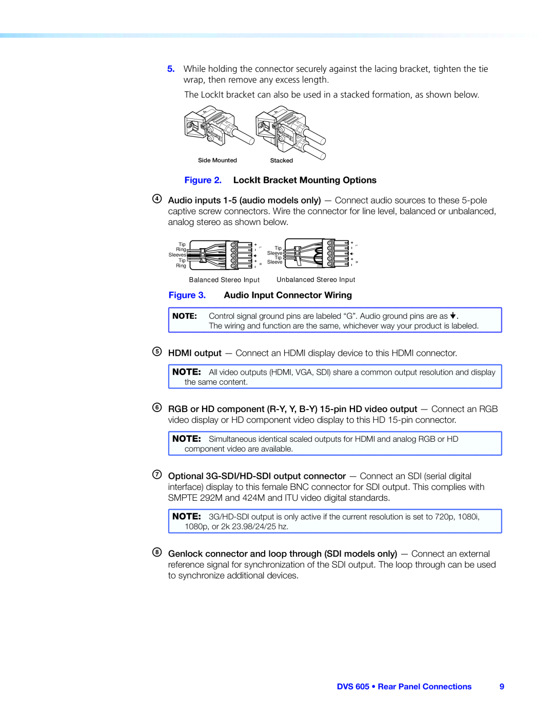 Extron electronic DVS 605 manual LockIt Bracket Mounting Options, Audio Input Connector Wiring, Figure 