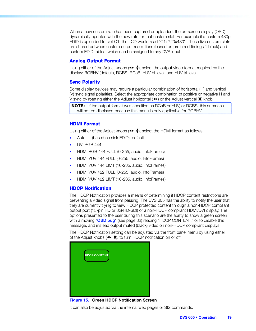 Extron electronic DVS 605 manual Analog Output Format, Sync Polarity, HDMI Format, HDCP Notification 