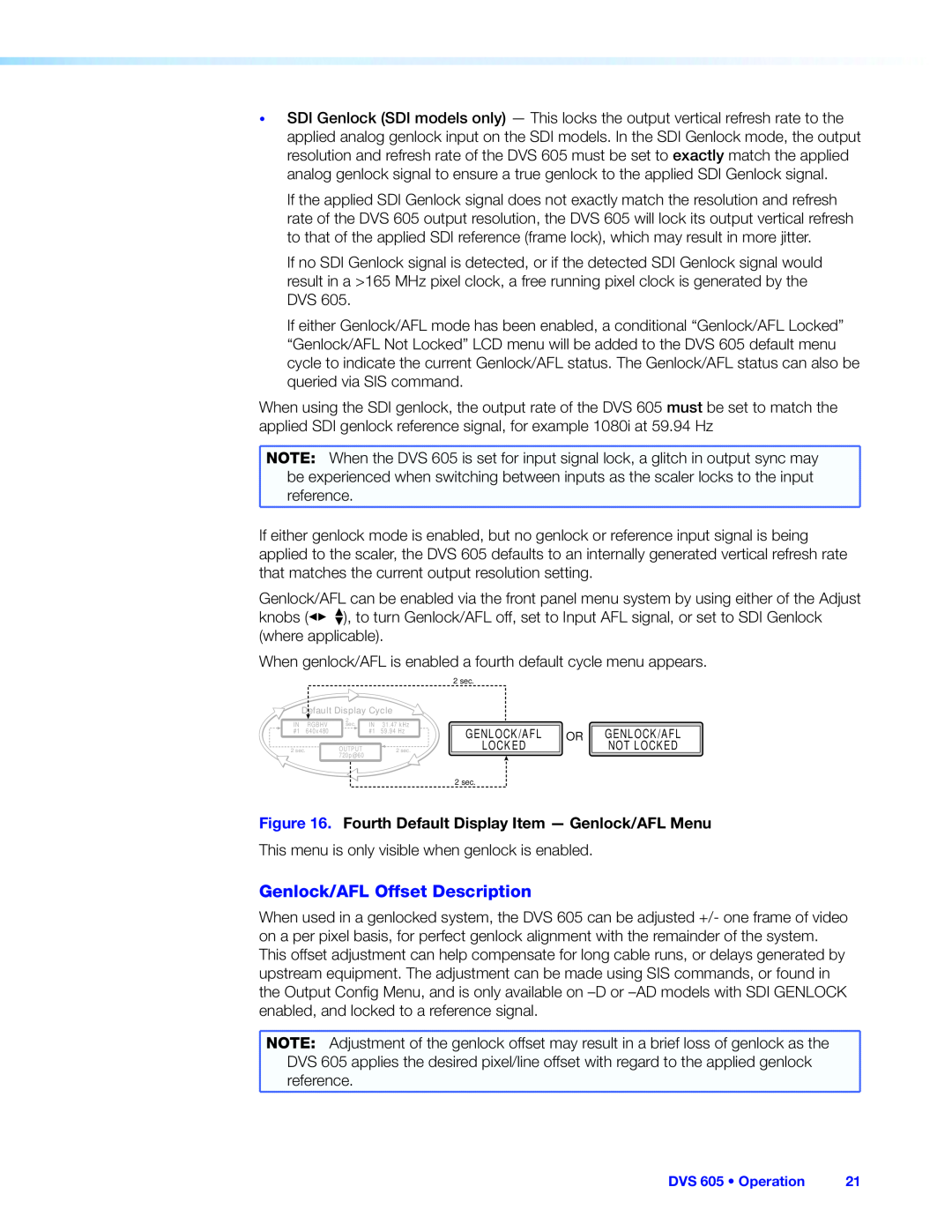 Extron electronic DVS 605 manual Genlock/AFL Offset Description 