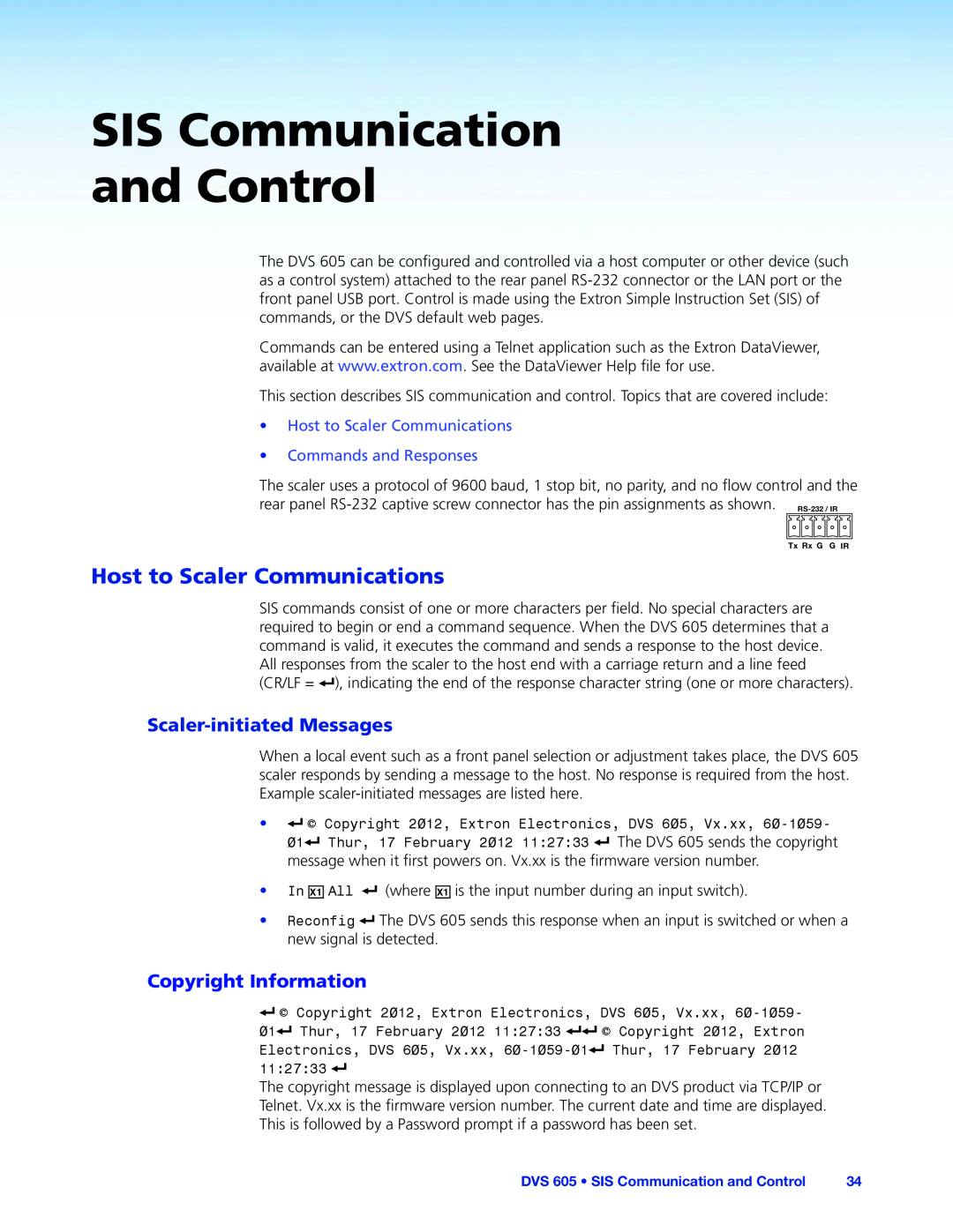 Extron electronic DVS 605 manual SIS Communication and Control, Copyright Information, Host to Scaler Communications 