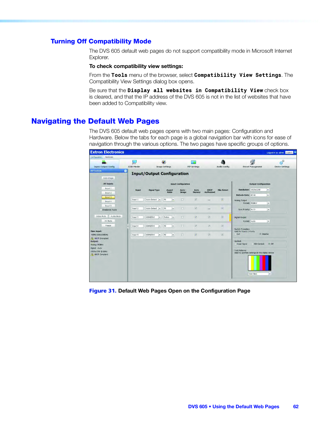 Extron electronic DVS 605 manual Navigating the Default Web Pages, Turning Off Compatibility Mode 