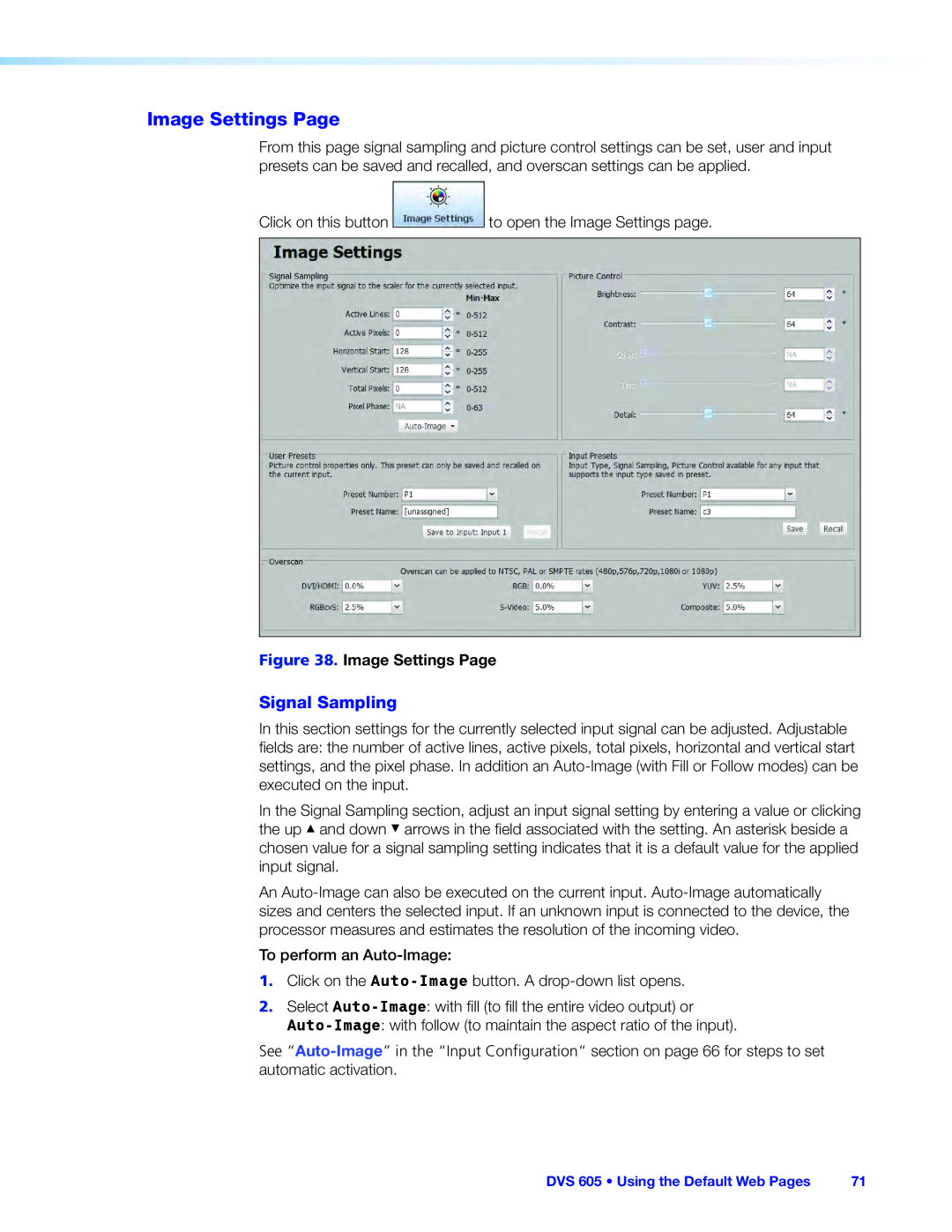 Extron electronic DVS 605 manual Image Settings Page, Signal Sampling 