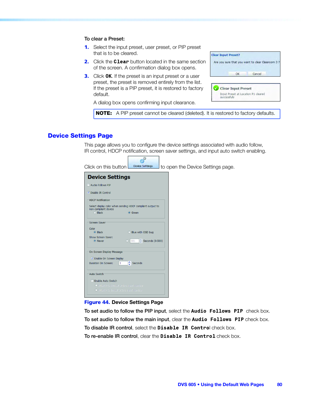 Extron electronic DVS 605 manual Device Settings Page 