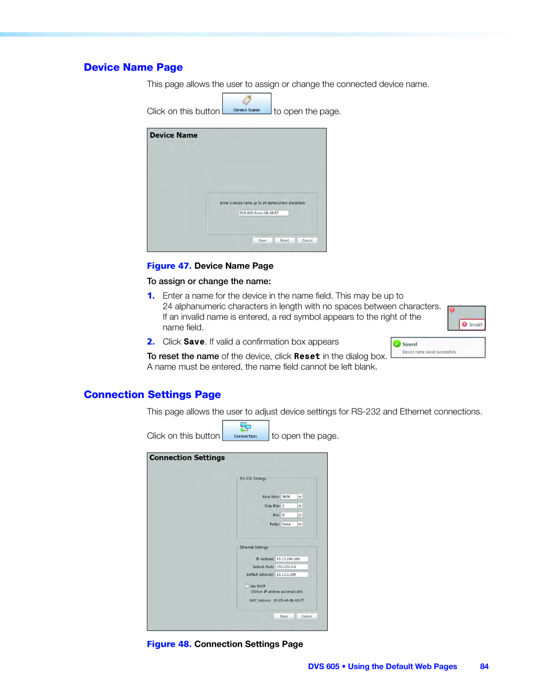 Extron electronic DVS 605 manual Device Name Page, Connection Settings Page 