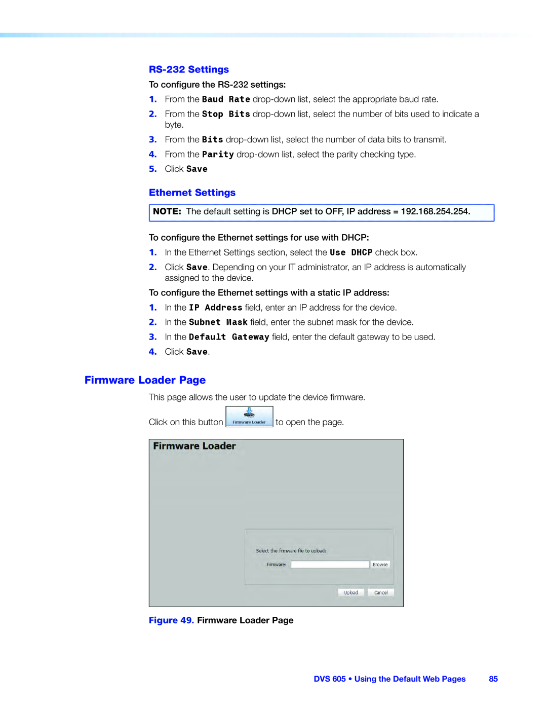 Extron electronic DVS 605 manual Firmware Loader Page, RS-232Settings, Ethernet Settings 