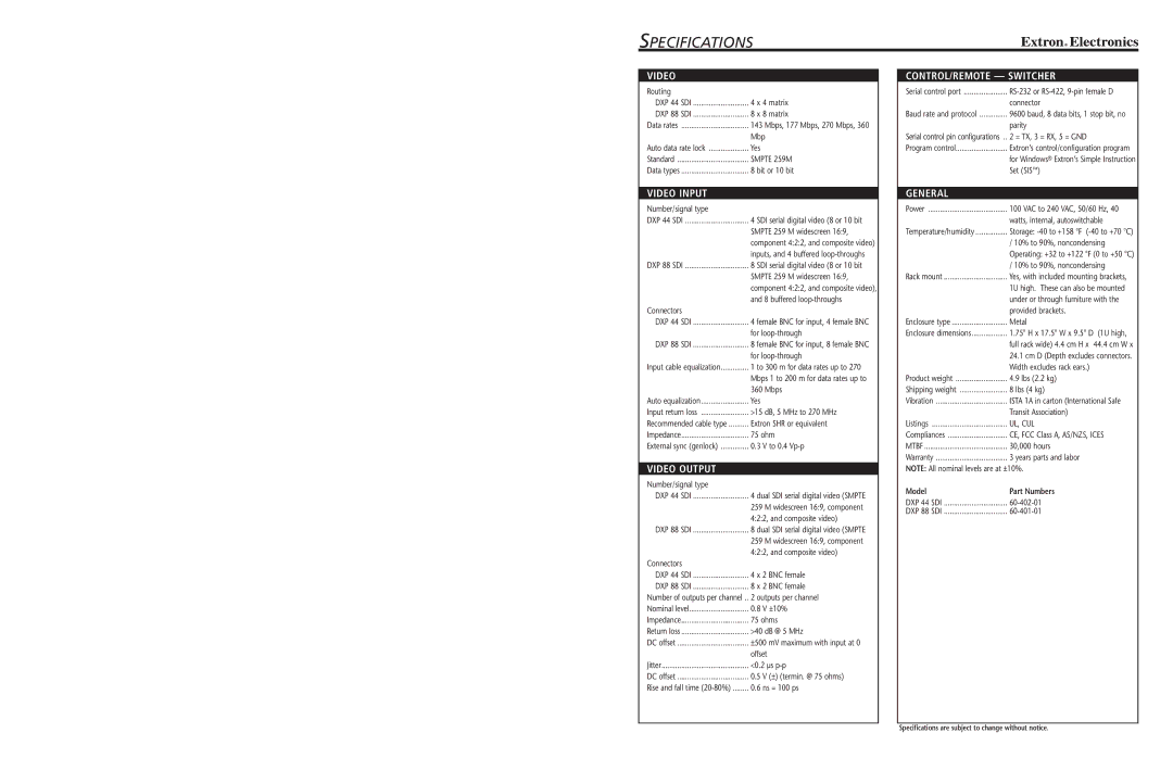 Extron electronic DXP 44 SDI, DXP 88 SDI manual Specifications, Video 