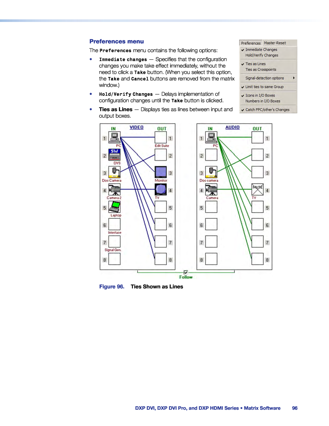 Extron electronic DXP DVI PRO manual Preferences menu, Ties Shown as Lines 