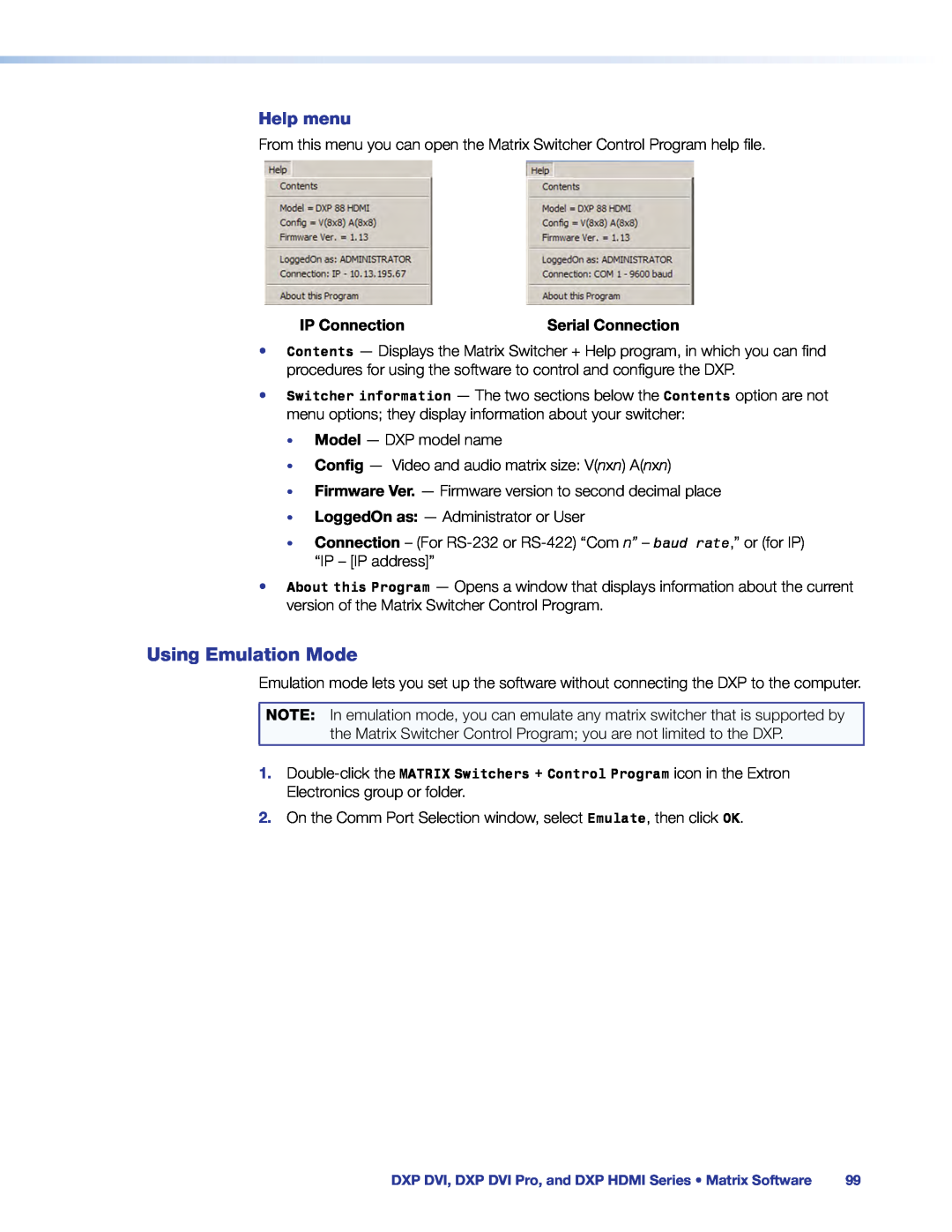 Extron electronic DXP DVI PRO manual Using Emulation Mode, Help menu, IP Connection 
