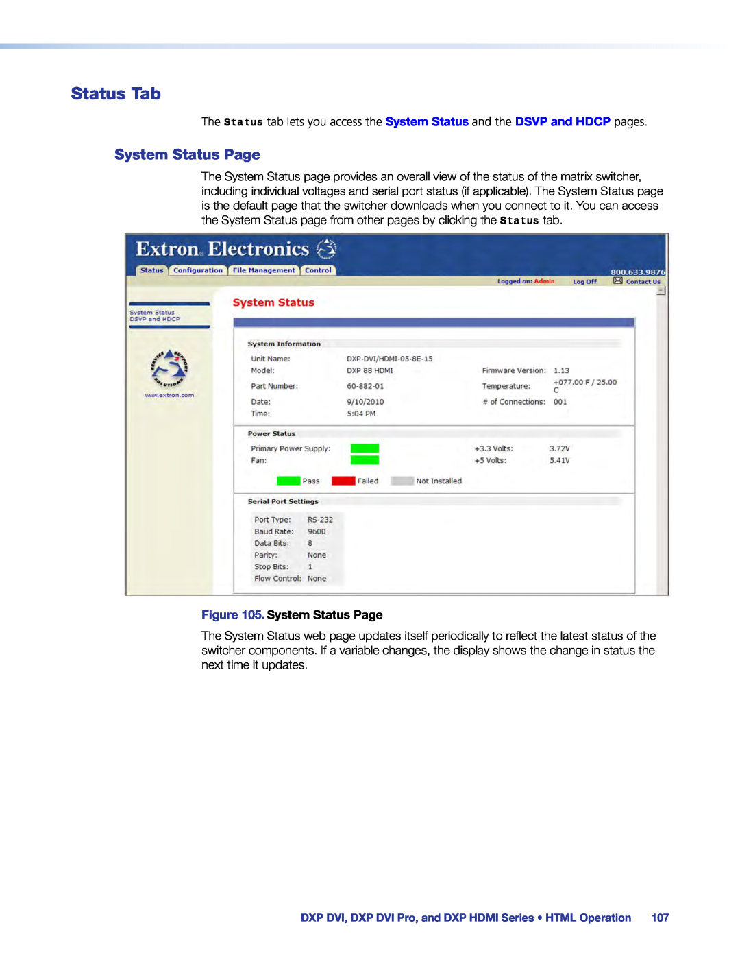 Extron electronic DXP DVI PRO manual Status Tab, System Status Page 