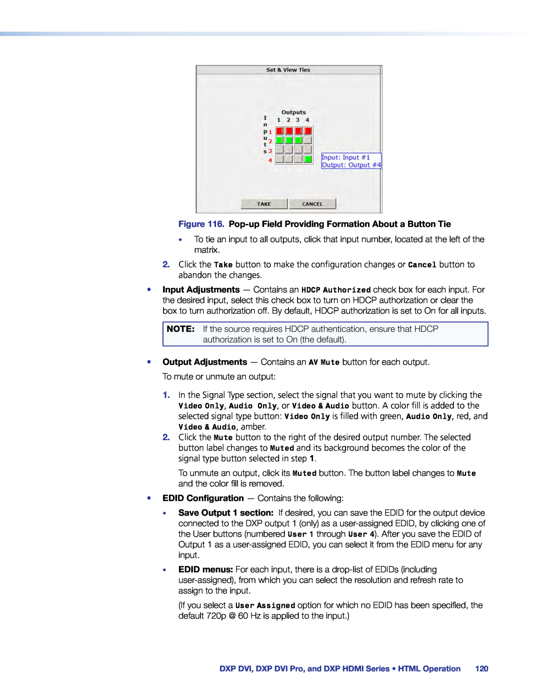 Extron electronic DXP DVI PRO manual Pop-up Field Providing Formation About a Button Tie 