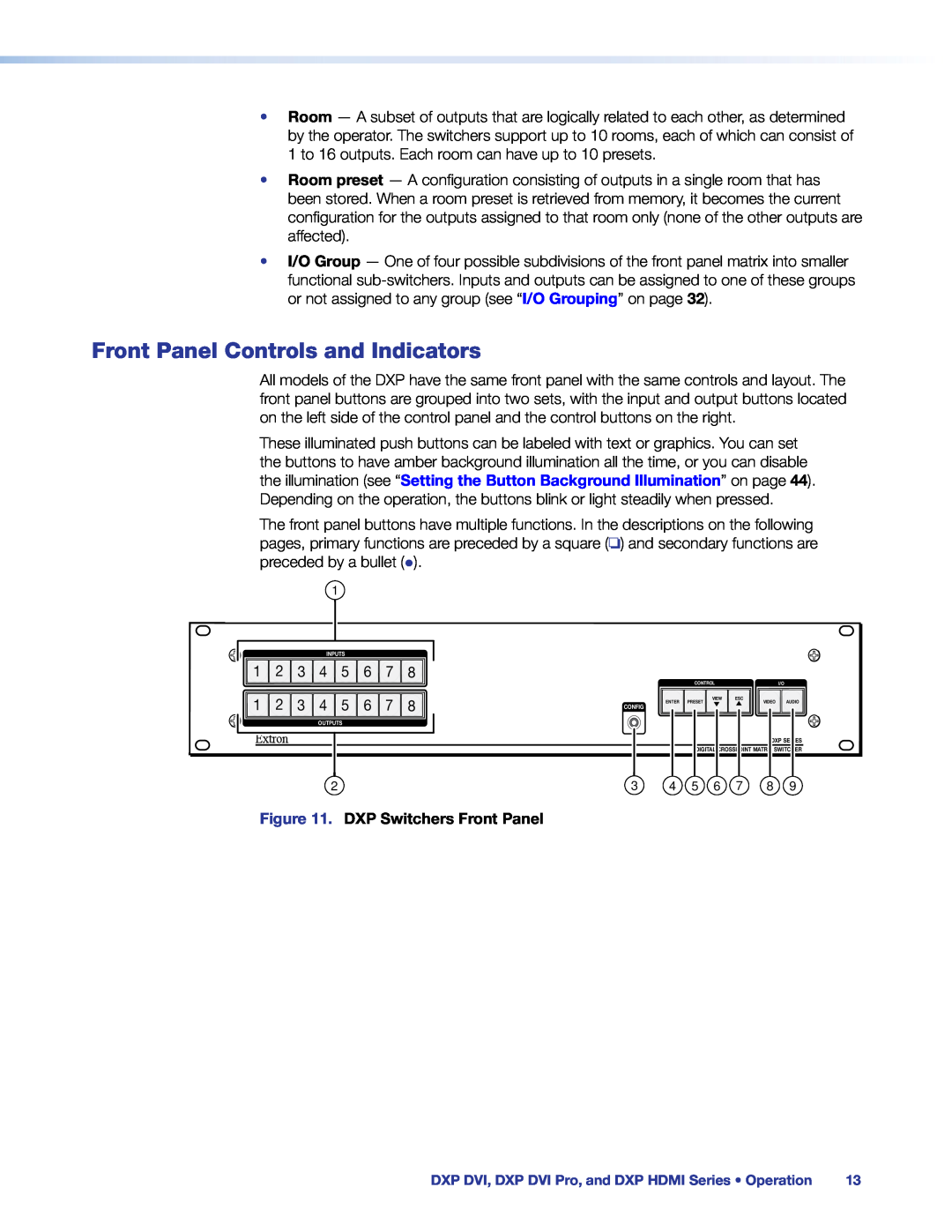 Extron electronic DXP DVI PRO manual Front Panel Controls and Indicators, DXP Switchers Front Panel 