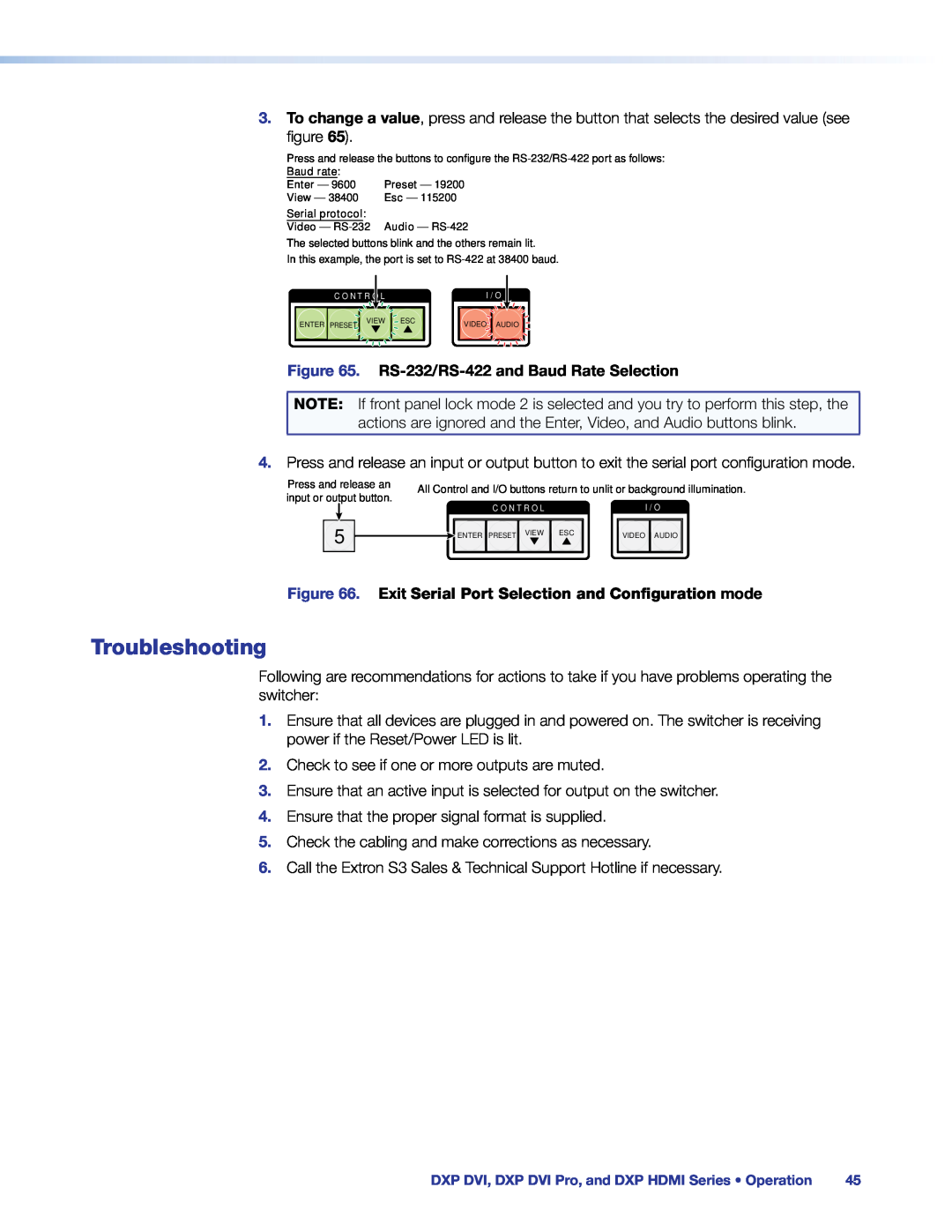 Extron electronic DXP DVI PRO manual Troubleshooting, RS-232/RS-422 and Baud Rate Selection 