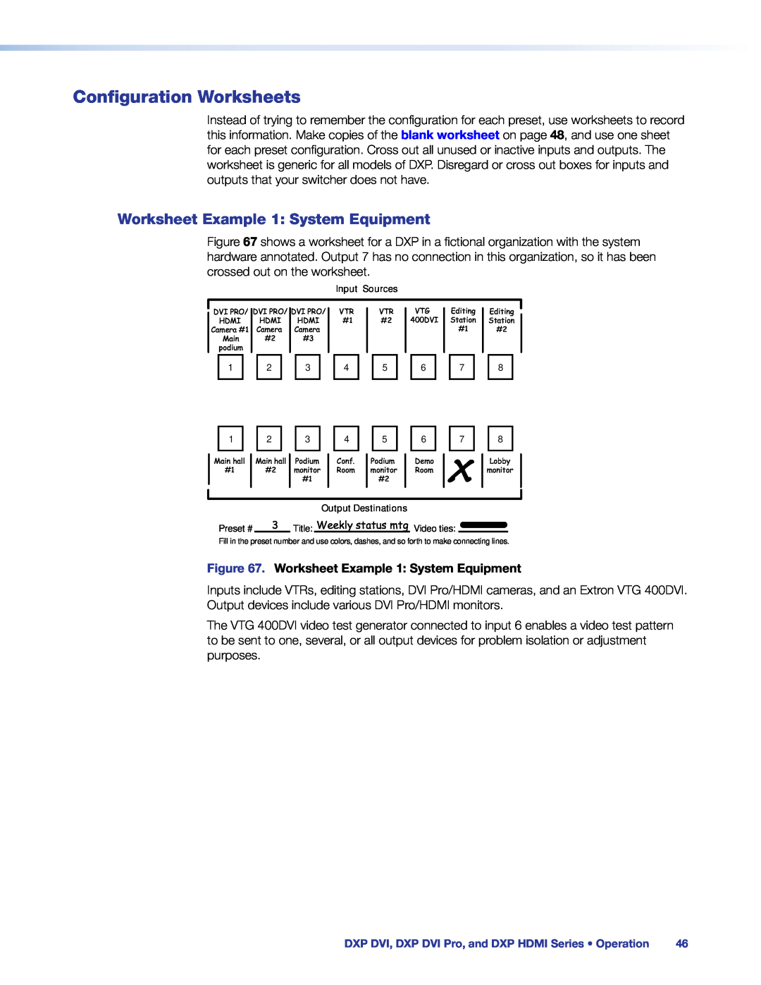 Extron electronic DXP DVI PRO manual Configuration Worksheets, Worksheet Example 1 System Equipment 