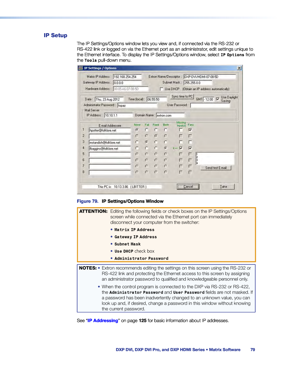 Extron electronic DXP DVI PRO manual IP Setup, IP Settings/Options Window 