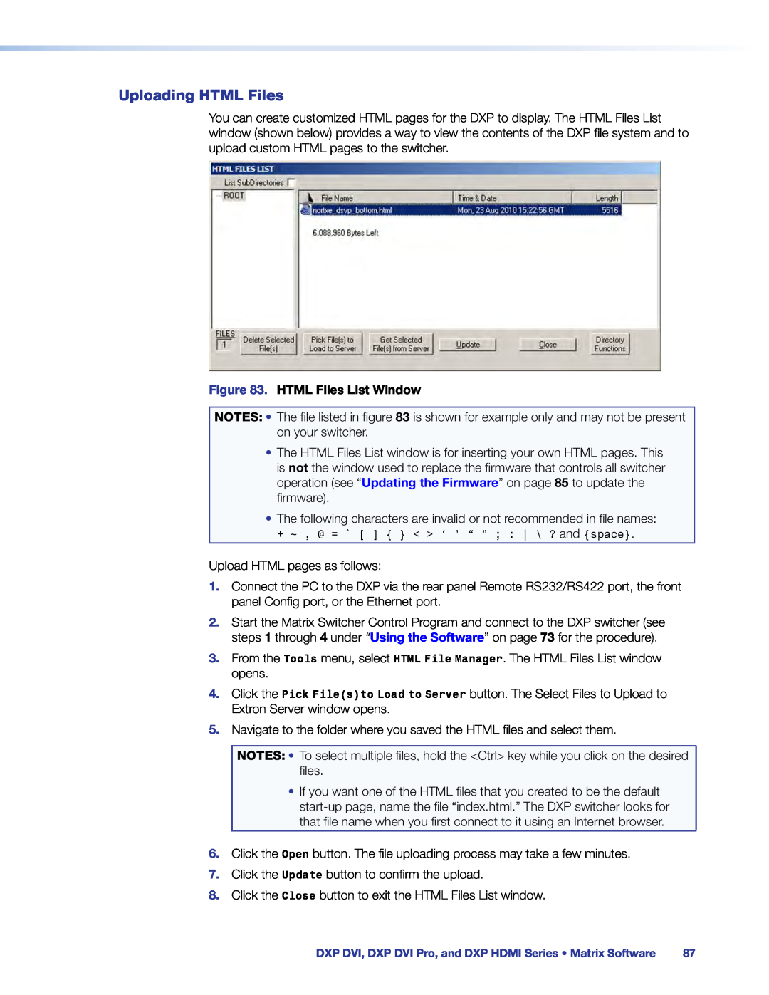 Extron electronic DXP DVI PRO manual Uploading HTML Files, HTML Files List Window 