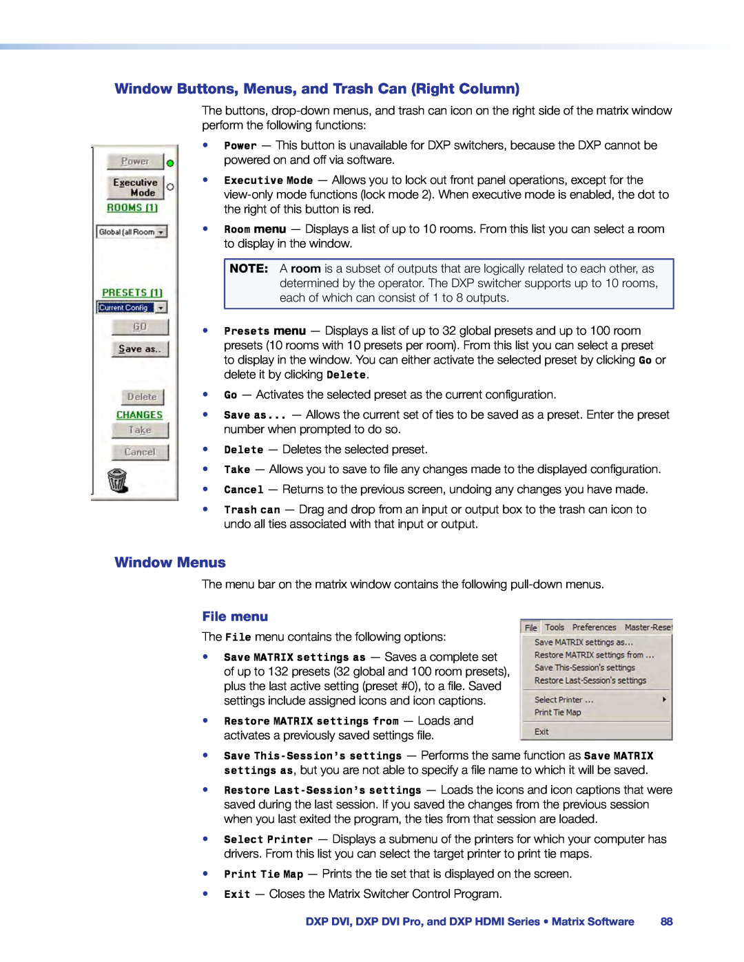 Extron electronic DXP DVI PRO manual Window Buttons, Menus, and Trash Can Right Column, Window Menus, File menu 