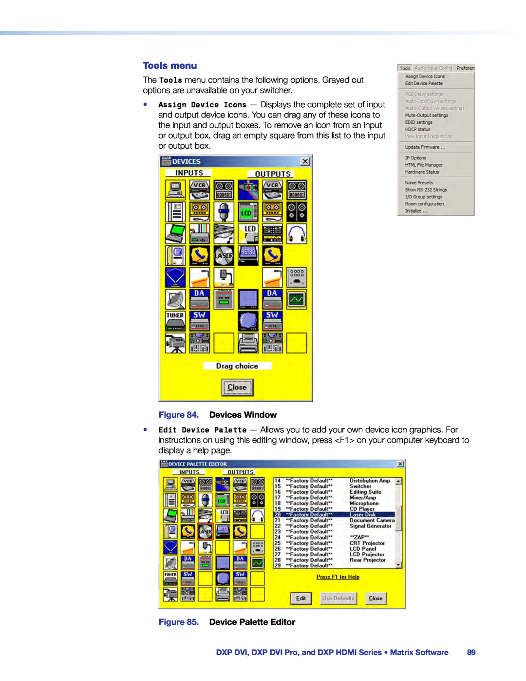 Extron electronic DXP DVI PRO manual Tools menu, Devices Window, Device Palette Editor 