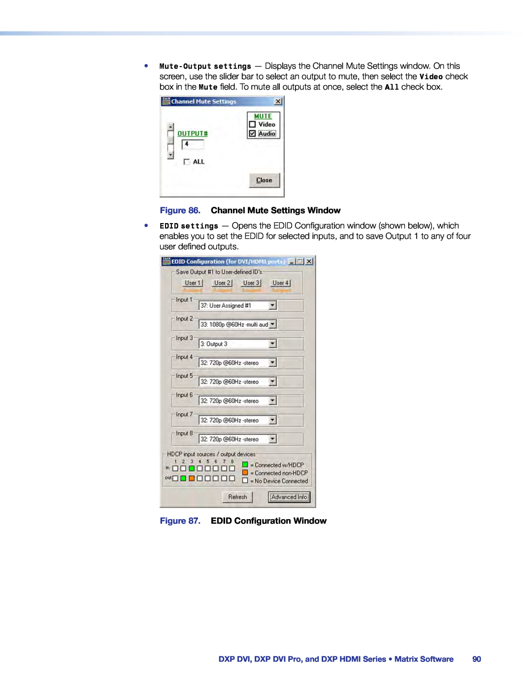 Extron electronic DXP DVI PRO manual Channel Mute Settings Window, EDID Configuration Window 