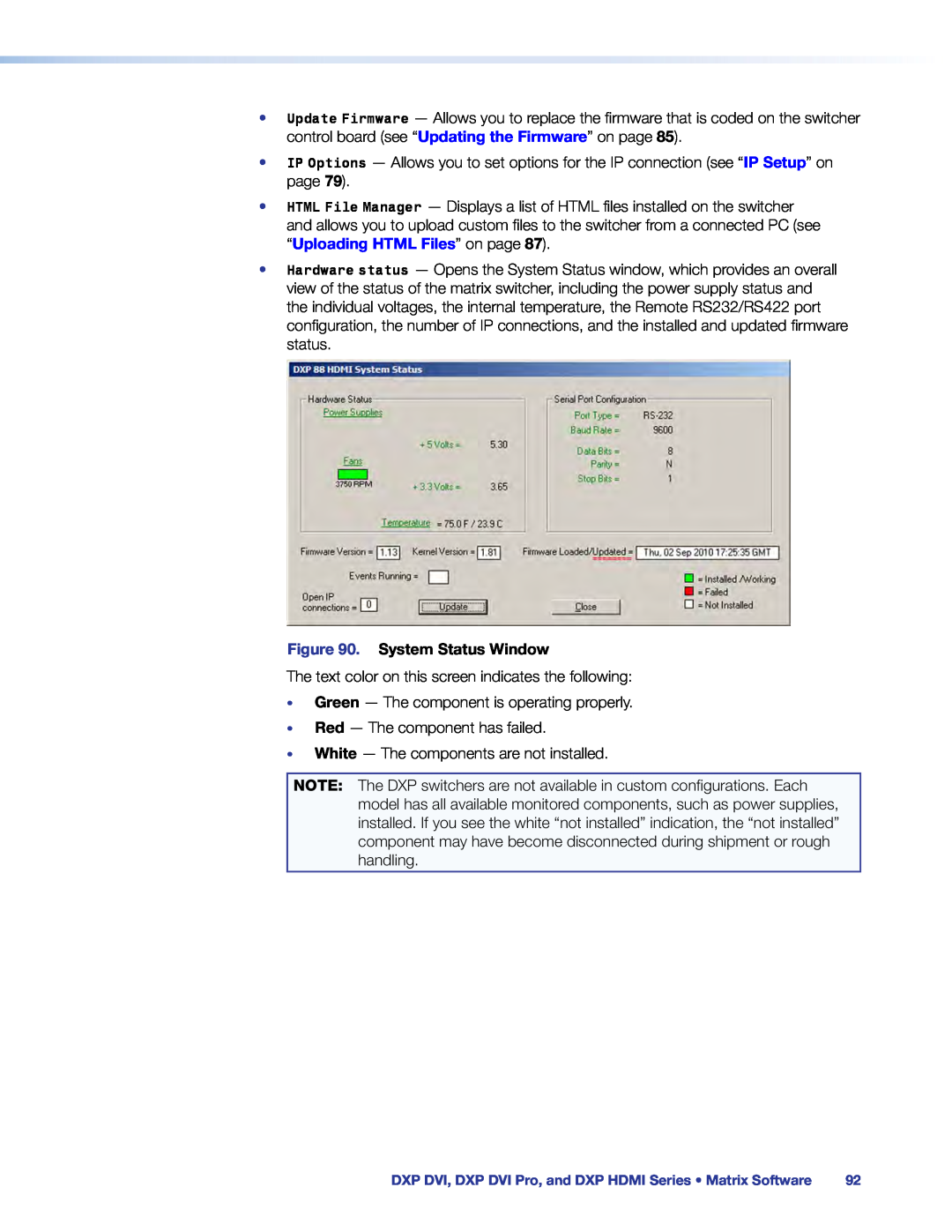 Extron electronic DXP DVI PRO manual “Uploading HTML Files” on page, System Status Window 