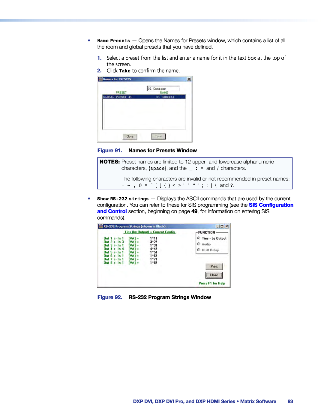 Extron electronic DXP DVI PRO manual Names for Presets Window, RS-232 Program Strings Window 