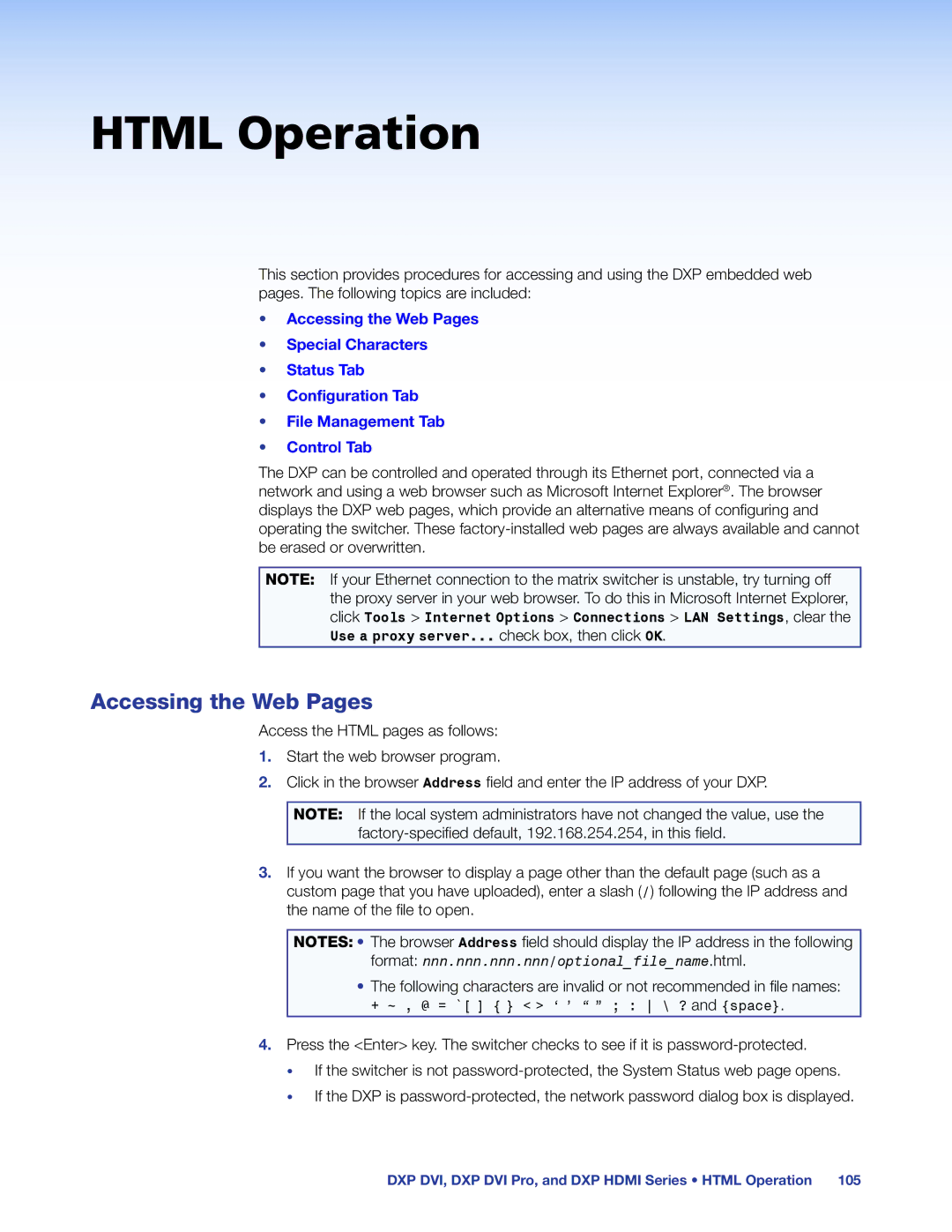 Extron electronic DXP DVI PRO manual Html Operation, Accessing the Web Pages 