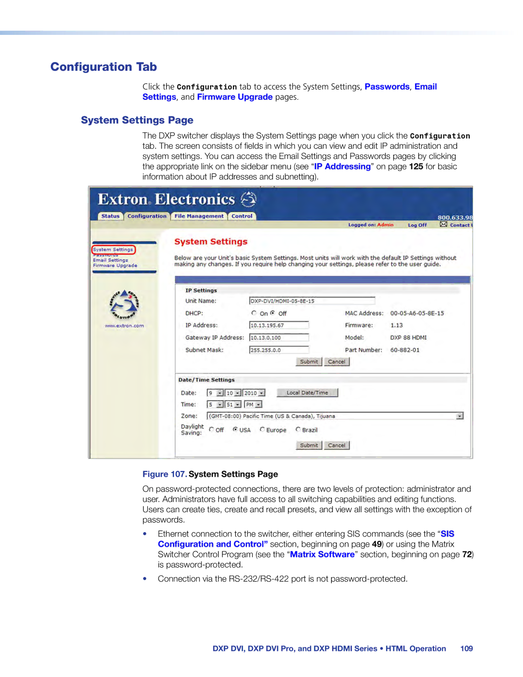 Extron electronic DXP DVI PRO manual Configuration Tab, System Settings 