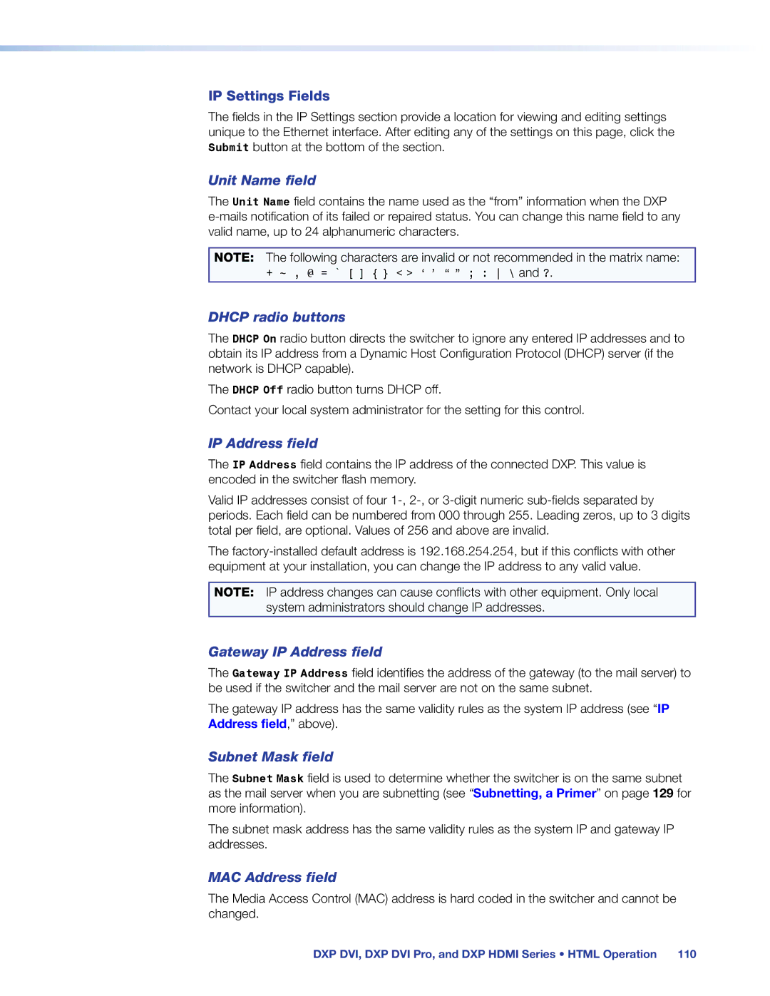 Extron electronic DXP DVI PRO manual IP Settings Fields, Unit Name field 