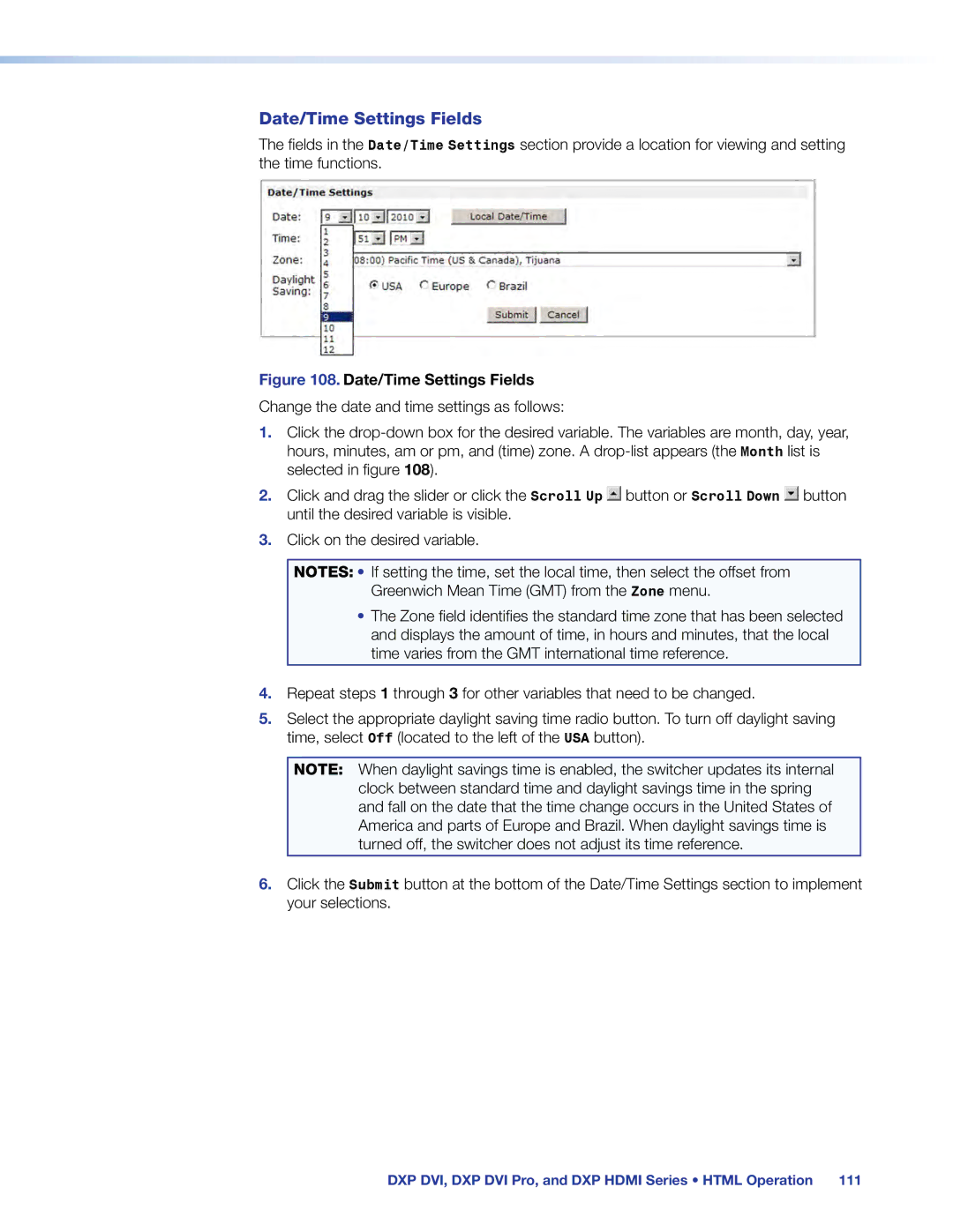 Extron electronic DXP DVI PRO manual Date/Time Settings Fields 