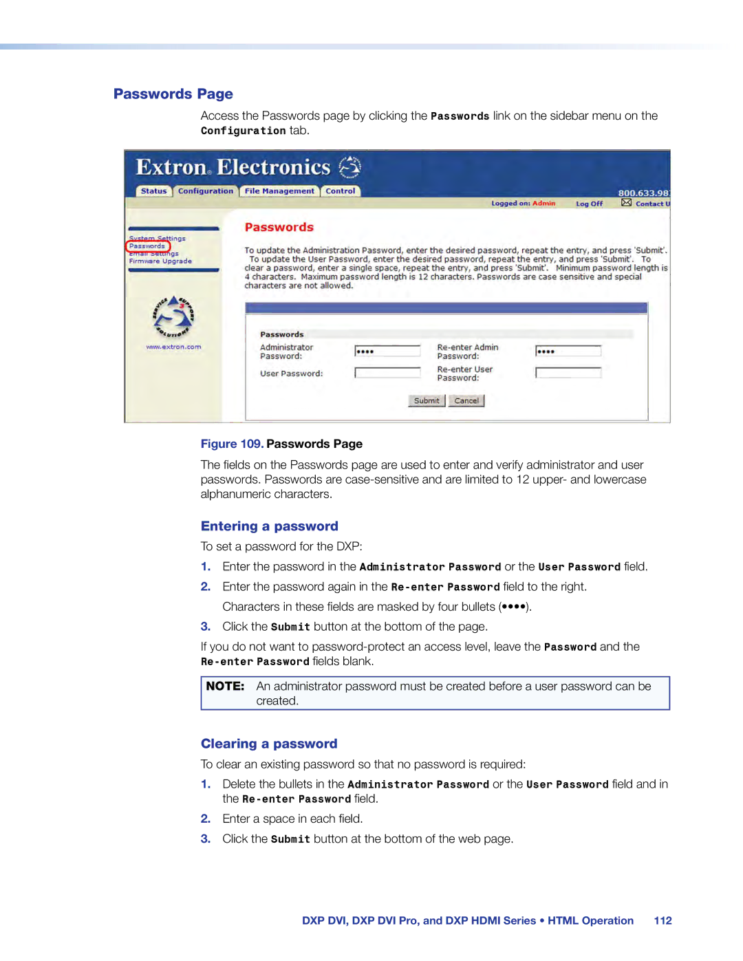 Extron electronic DXP DVI PRO manual Passwords, Entering a password, Clearing a password 