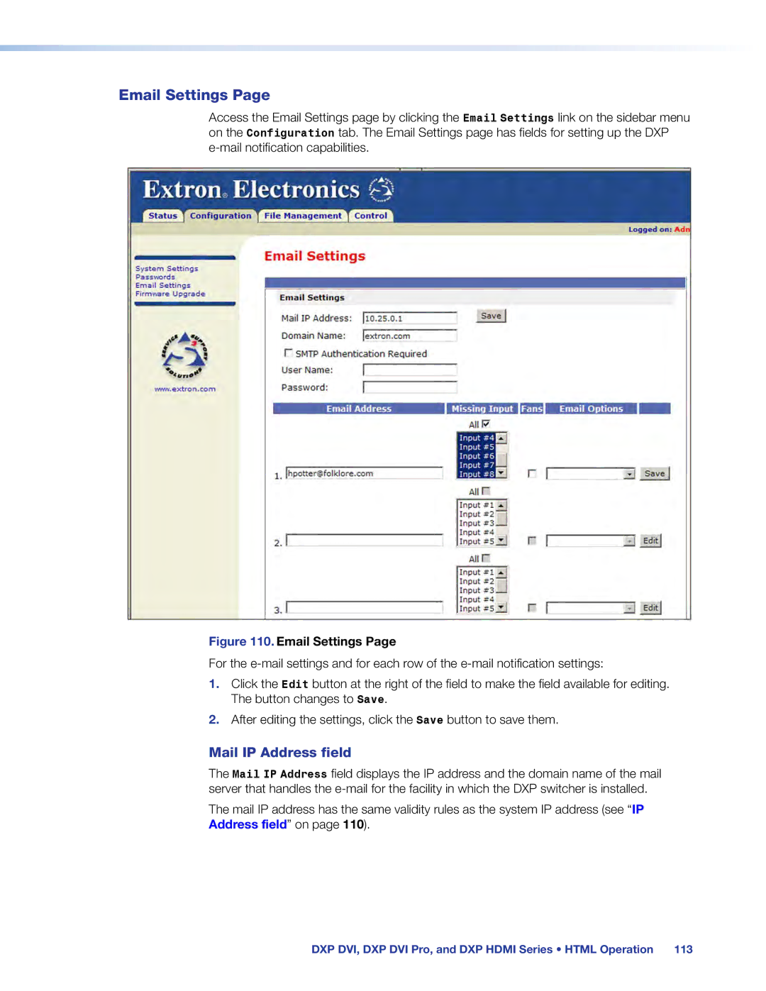 Extron electronic DXP DVI PRO manual Email Settings, Mail IP Address field 