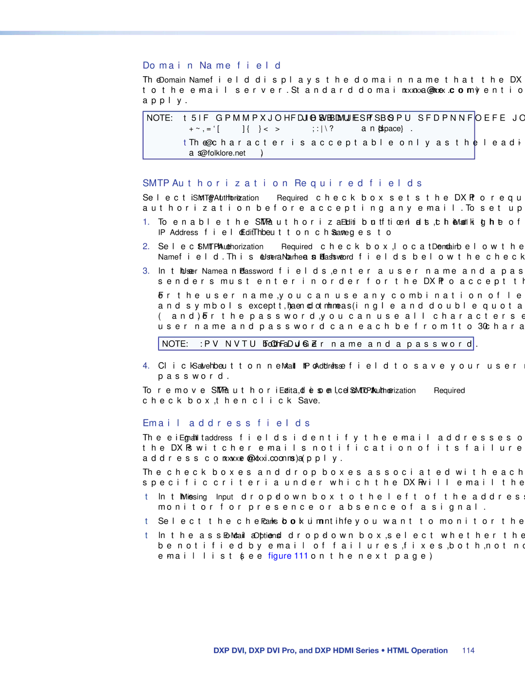 Extron electronic DXP DVI PRO manual Domain Name field, Smtp Authorization Required fields, Email address fields 