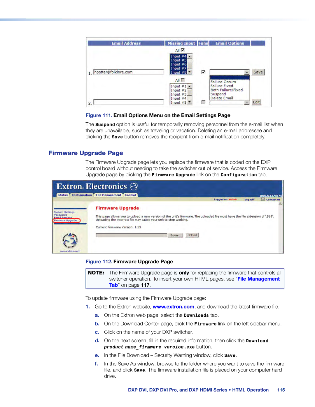 Extron electronic DXP DVI PRO manual Firmware Upgrade, Email Options Menu on the Email Settings 