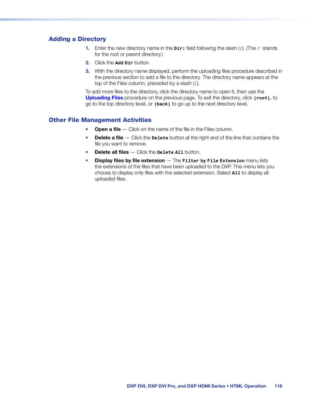 Extron electronic DXP DVI PRO manual Adding a Directory, Other File Management Activities 