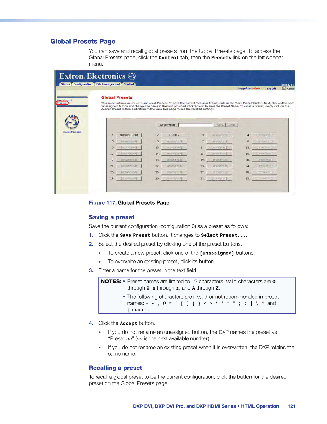 Extron electronic DXP DVI PRO manual Global Presets, Saving a preset, Recalling a preset 