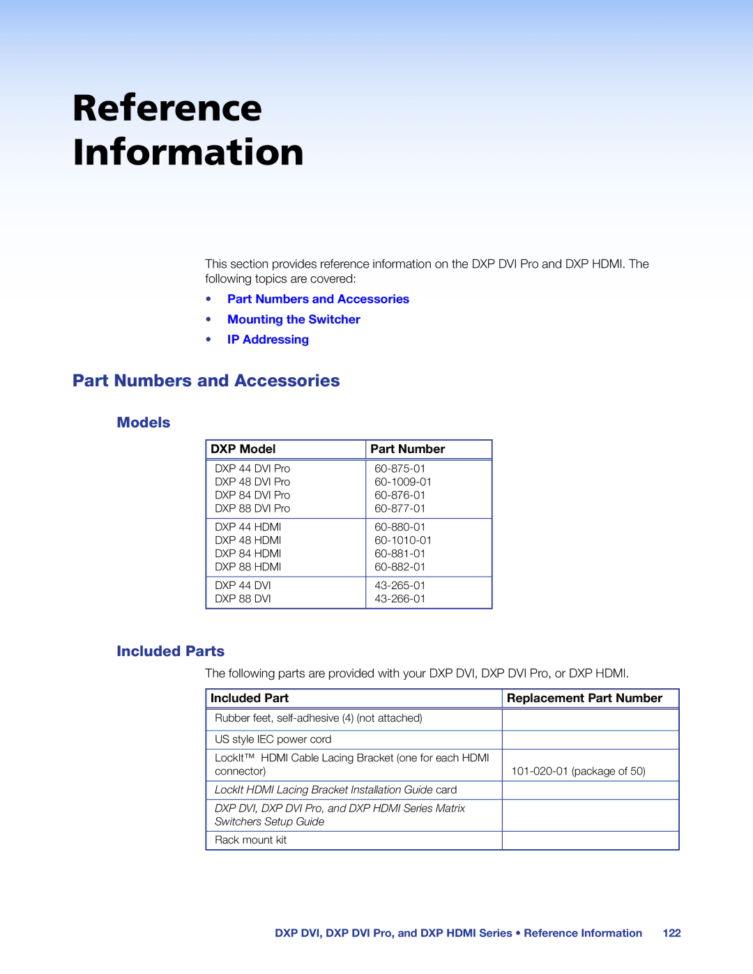 Extron electronic DXP DVI PRO manual Part Numbers and Accessories, Models, Included Parts, DXP Model Part Number 