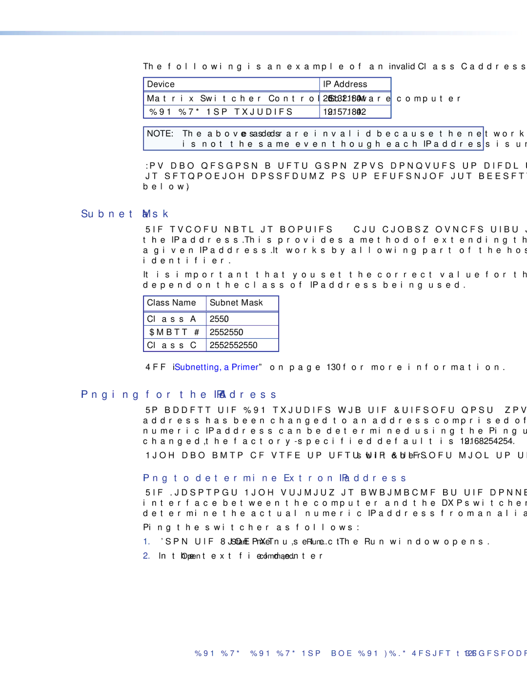 Extron electronic DXP DVI PRO manual Subnet Mask, Pinging for the IP Address, Ping to determine Extron IP address 