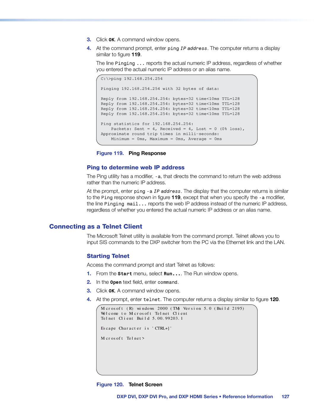 Extron electronic DXP DVI PRO manual Connecting as a Telnet Client, Ping to determine web IP address, Starting Telnet 