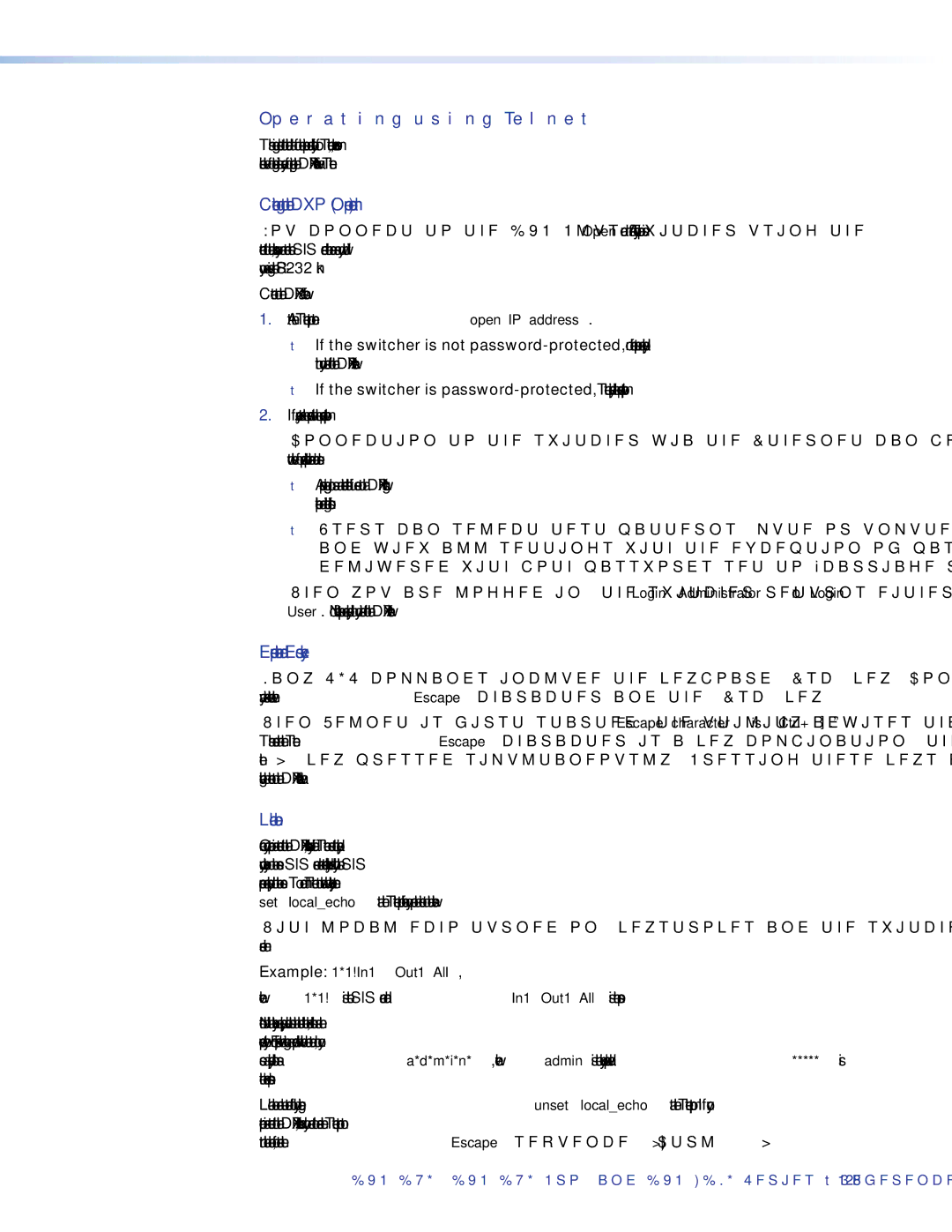 Extron electronic DXP DVI PRO manual Operating using Telnet, Connecting to the DXP Open command 