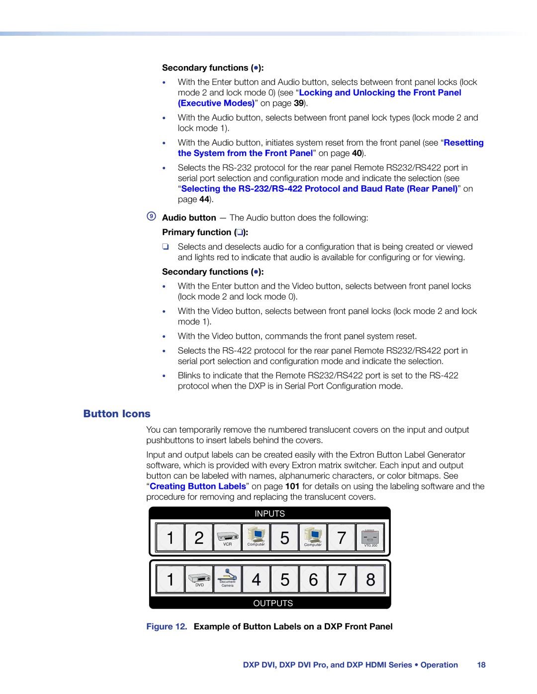 Extron electronic DXP DVI PRO manual Button Icons, Example of Button Labels on a DXP Front Panel 