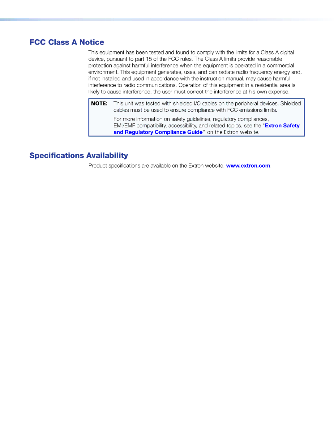 Extron electronic DXP DVI PRO manual FCC Class a Notice, Specifications Availability 