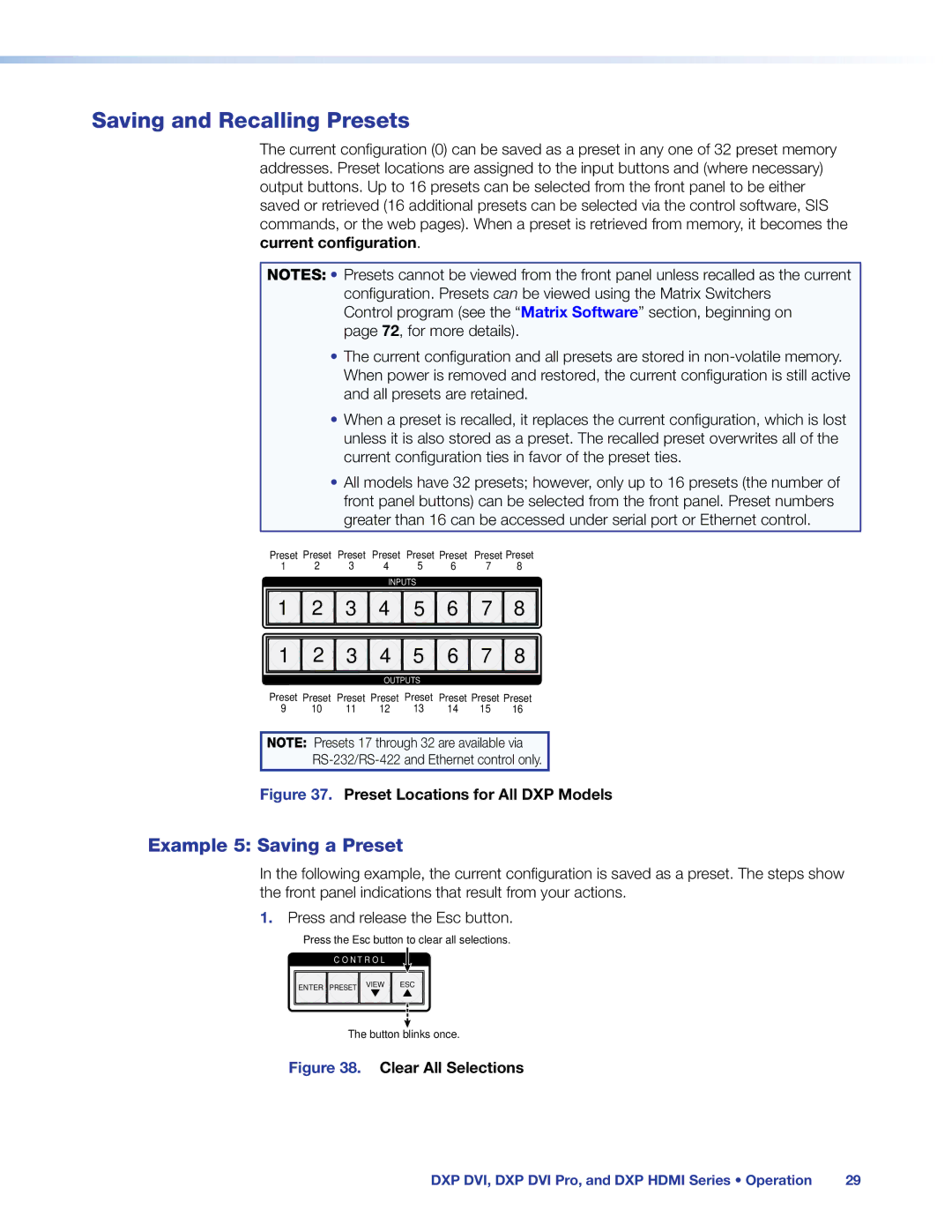 Extron electronic DXP DVI PRO manual Saving and Recalling Presets, Example 5 Saving a Preset 