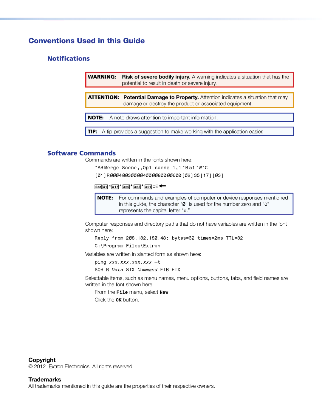 Extron electronic DXP DVI PRO manual Conventions Used in this Guide, Notifications, Software Commands 