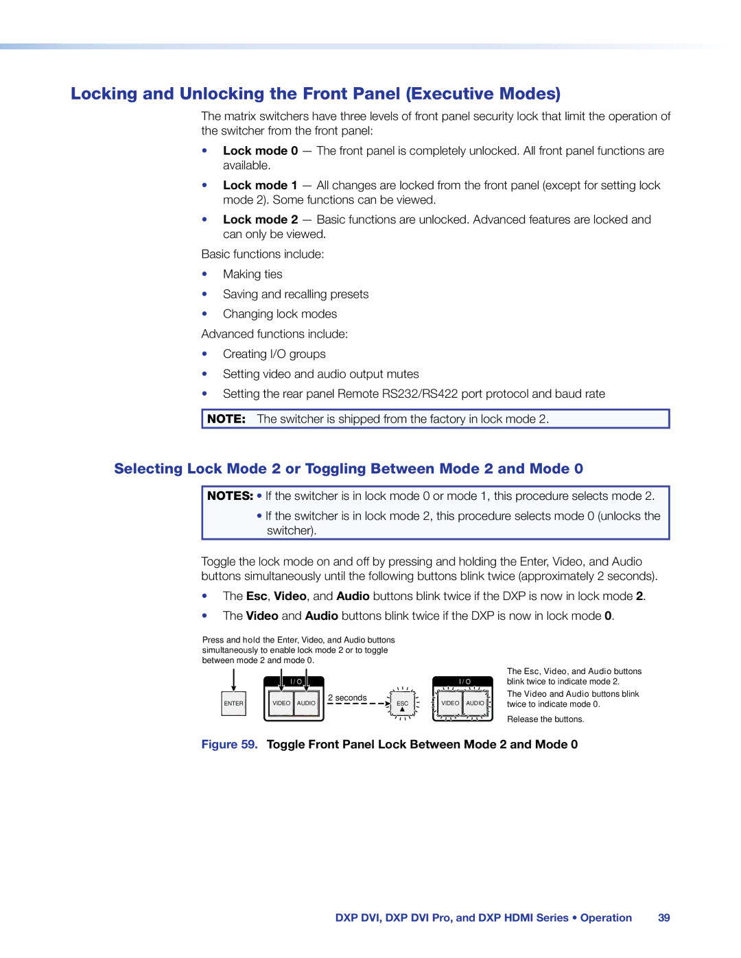 Extron electronic DXP DVI PRO manual Locking and Unlocking the Front Panel Executive Modes 