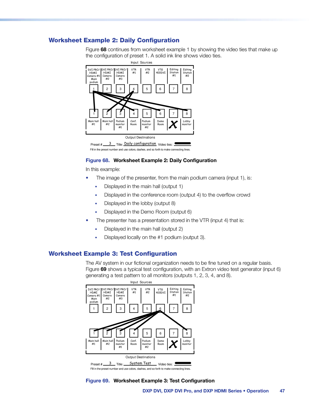 Extron electronic DXP DVI PRO manual Worksheet Example 2 Daily Configuration, Worksheet Example 3 Test Configuration 