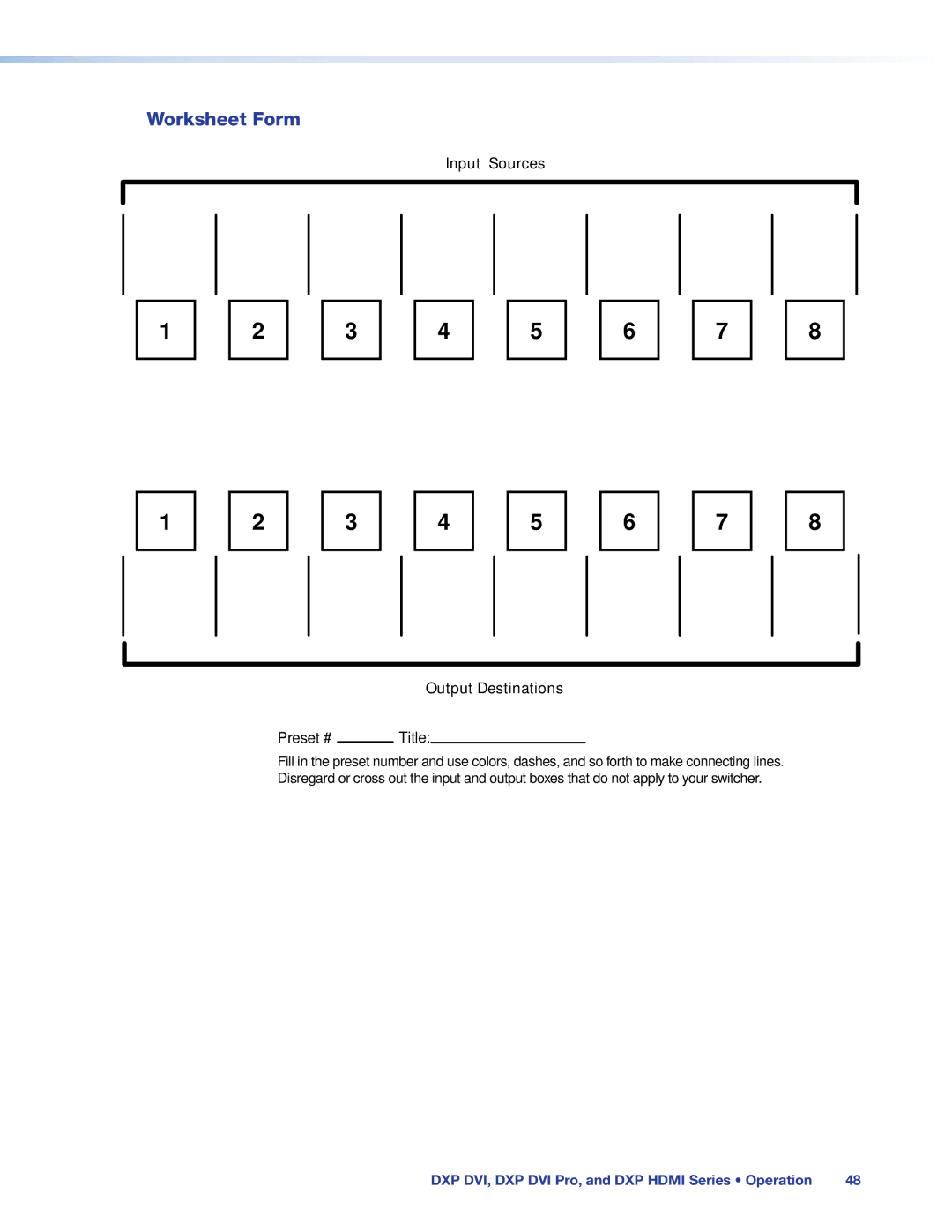 Extron electronic DXP DVI PRO manual Worksheet Form, Input Sources Output Destinations 