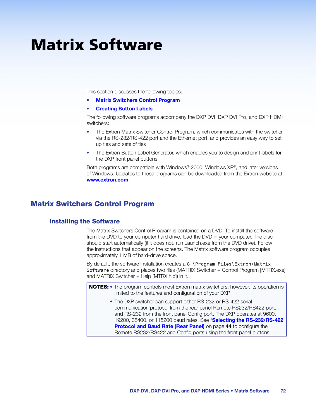 Extron electronic DXP DVI PRO manual Matrix Switchers Control Program, Installing the Software 