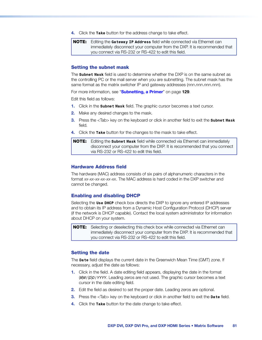 Extron electronic DXP DVI Setting the subnet mask, Hardware Address field, Enabling and disabling Dhcp, Setting the date 