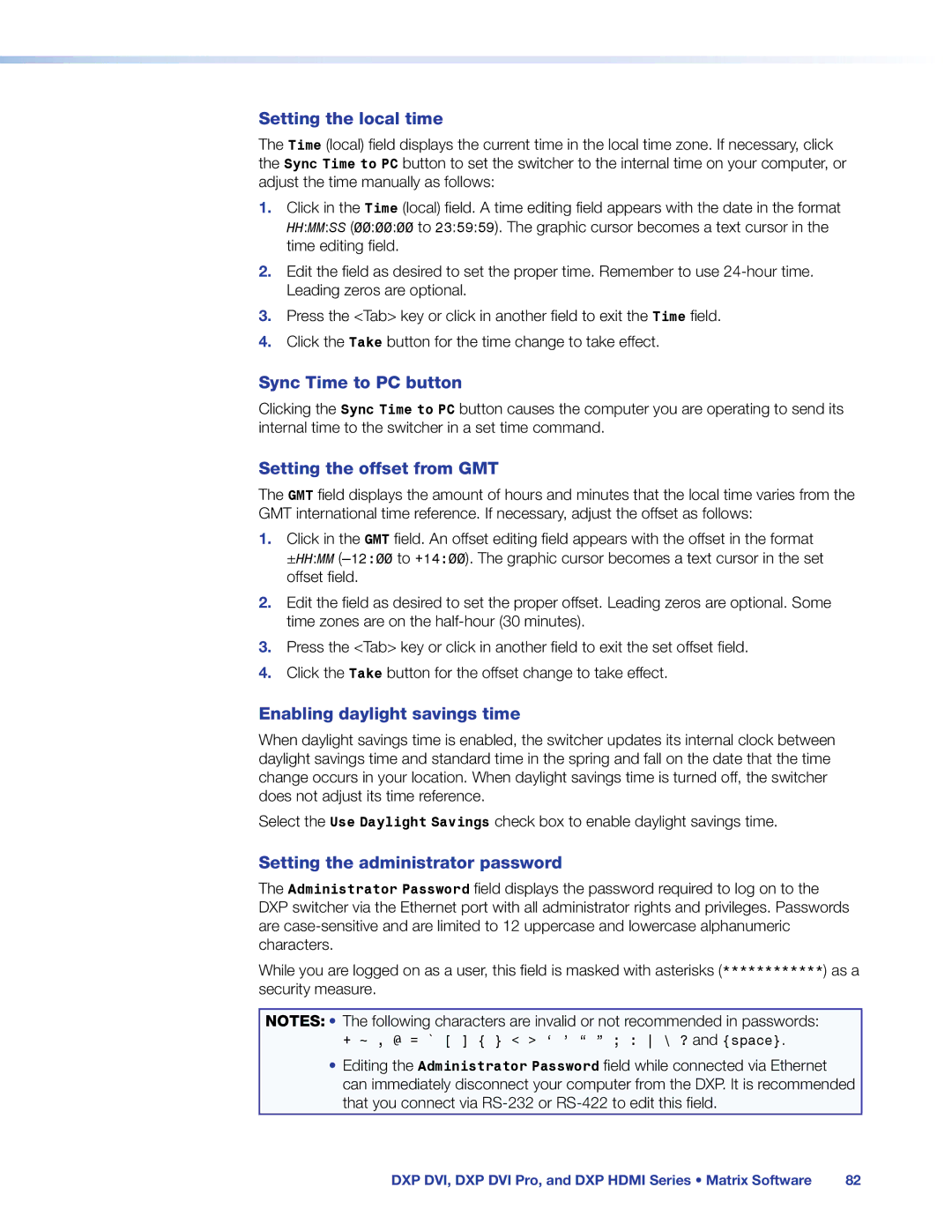 Extron electronic DXP DVI PRO manual Setting the local time, Sync Time to PC button, Setting the offset from GMT 