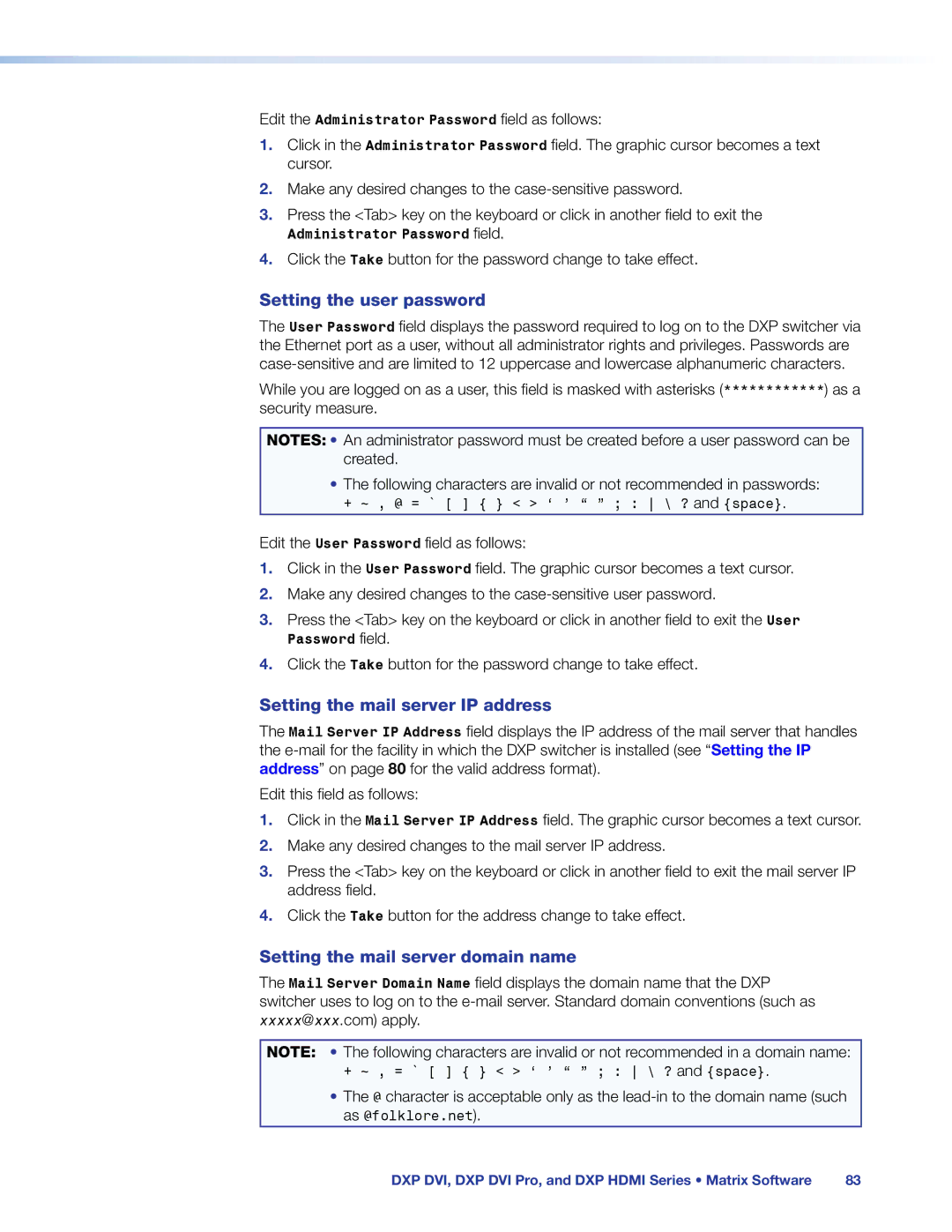 Extron electronic DXP DVI PRO manual Setting the user password, Setting the mail server IP address 